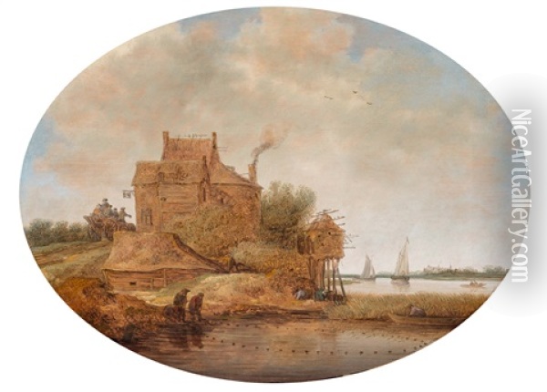 A River Landscape With Peasants Fishing Near An Inn (1640) Oil Painting - Jan Coelenbier