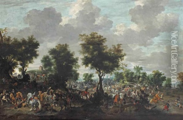 An Extensive Wooded Landscape With Battling Soldiers; Possibly The Battle Of Lekkerbeetje At Vught Oil Painting - Peter (Petrus) Snyers