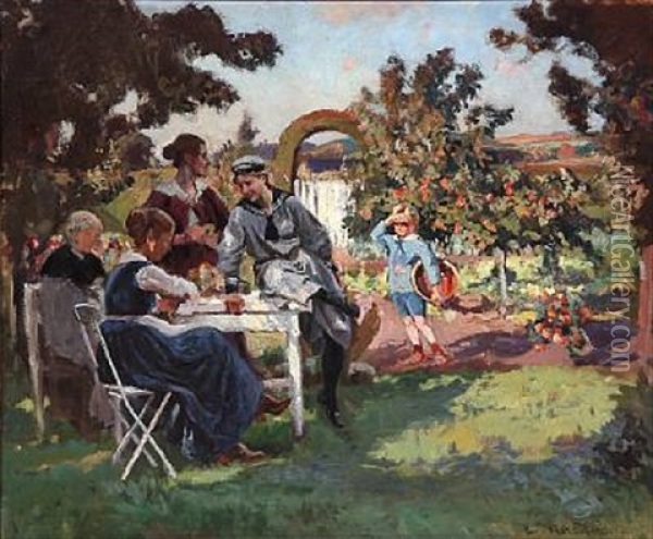 Summer Day In A Garden With A Family Oil Painting - Viggo Pedersen