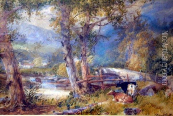Landscape With Cattle Watering Oil Painting - James Burrell-Smith