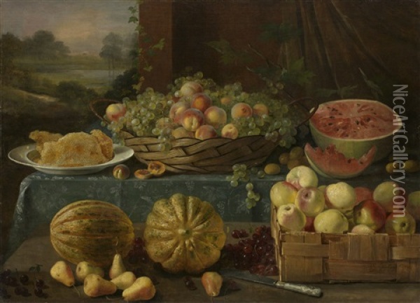 Still Life With Fruit And Honeycomb Oil Painting - Ivan Fomich Khrutsky