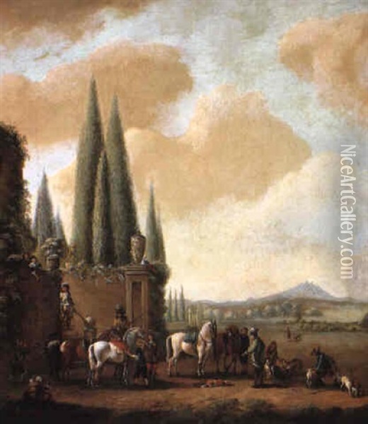 A Hunting Party Preparing For The Chase On The Borders Of An Estate Oil Painting - Carel van Falens