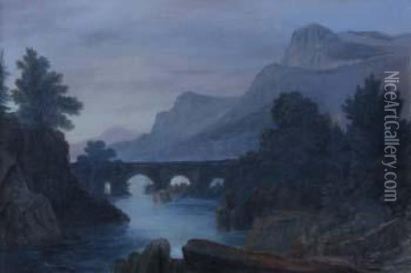River Scene With Bridge Oil Painting - Henry Harris Lines