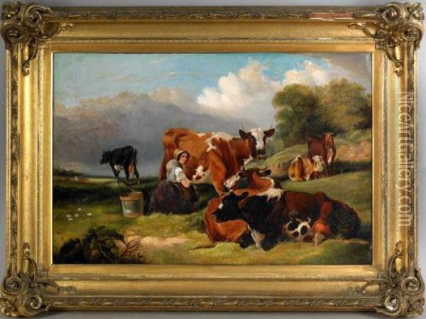 Pastoral Landscape With A Young Woman Milkinga Cow Oil Painting - Francis Daniel Devlan