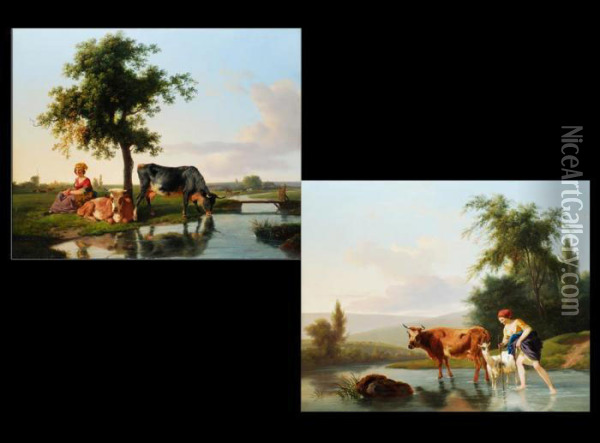 Gemaldepaar
 Hirten Mit Kuh Und Ziege In Der Furt Oil Painting - Jean Louis (Marnette) De Marne