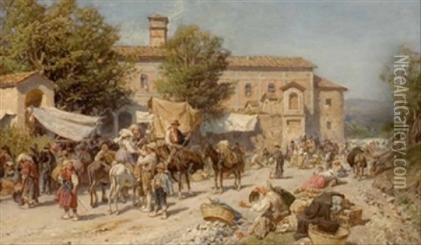 Markttreiben Vor Einem Italienischen Kloster Oil Painting - Franz Theodor Aerni