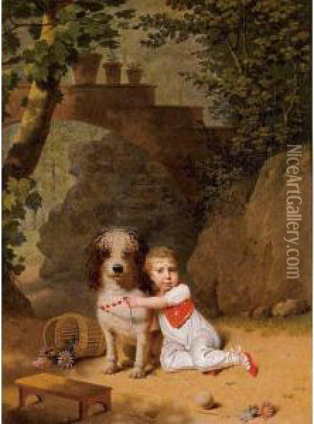 Portrait Of A Little Boy Placing
 A Coral Necklace On A Dog, Both Seated In A Parkland Setting Oil Painting - Martin Drolling Oberbergheim