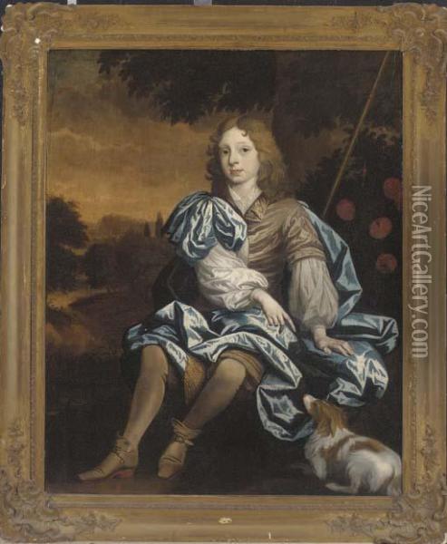 Portrait Of A Boy, Seated 
Full-length, As A Shepherd In A Pastoral Landscape, A Dog At His Feet Oil Painting - Sir Peter Lely