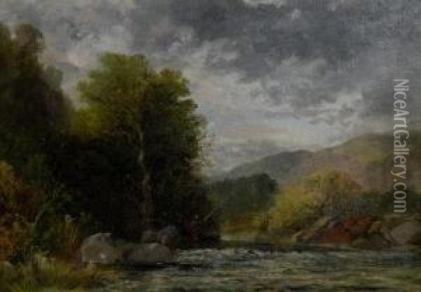 An Angler On The River Conwy, Betws-y-coed Oil Painting - B.B. Wadham