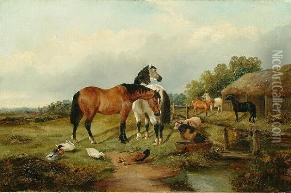 Horses And Pigs In A Farmyard, An Extensive Landscape Beyond Oil Painting - John Frederick Herring Snr