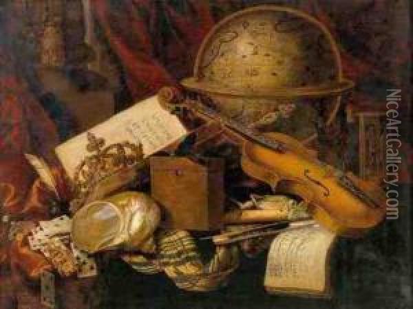 A Still Life With A Nautilus 
Shell, Playing Cards, A Crown, A Violin, A Globe And Other Objects 
Resting On A Draped Table Oil Painting - Carstiaen Luyckx