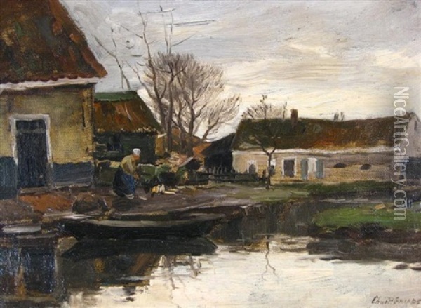Dutch Townscape With Woman Near Water Oil Painting - Charles Paul Gruppe