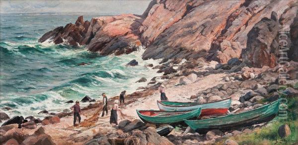 Fishermen Drying Their Nets Oil Painting - Berndt Adolf Lindholm