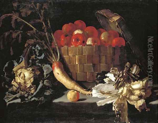 Apples in a wicker basket, with a cabbage, parsnip, lettuce and an apple on a stone ledge Oil Painting - Giuseppe Recco