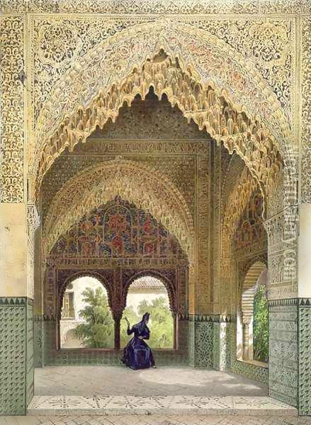 The Cabinet of the Infantas in the Room of the Two Sisters, the Alhambra, Granada Oil Painting - Leon Auguste Asselineau
