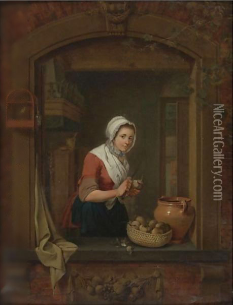Young Woman At A Window Pealing Radishes Oil Painting - Jacobus Johannes Lauwers