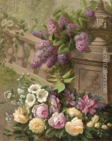 Hydrangeas, Roses, Rhodedendrons And Convolvulus Arranged Around Abalustrade Oil Painting - Charles Verlat