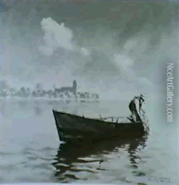 Chiemsee.in Einem Boot Fischerbein Einholen Der Netze oil painting
