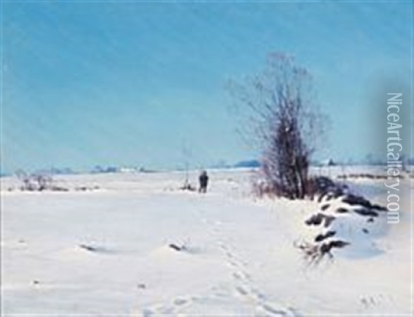 Cloudless Winter Day With A Hunter On A Snow Covered Field Oil Painting - Sigvard Marius Hansen