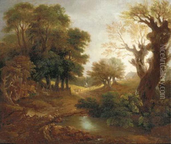 A Wooded Landscape With Figures, A Cottage And Pool Oil Painting - Thomas Gainsborough