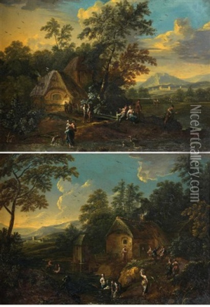 Paysages De Riviere Avec Des Lavandieres Au Soleil Couchant (pair) Oil Painting - Maximilian Joseph Schinagl