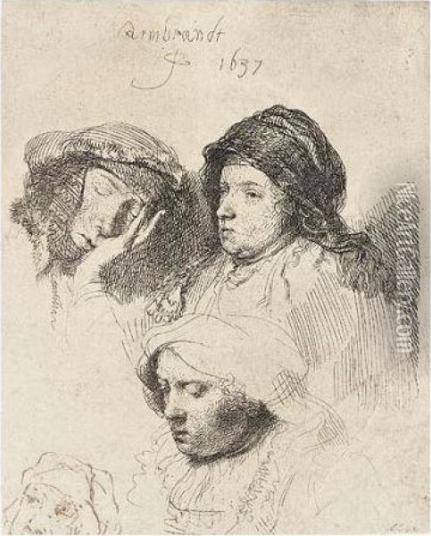 Three Heads Of Women: One Asleep (b., Holl.368; H.152; Bb.37-d) Oil Painting - Rembrandt Van Rijn