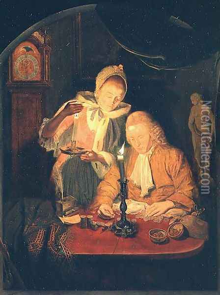 Couple counting money by candlelight, 1779 Oil Painting - Michiel Versteegh
