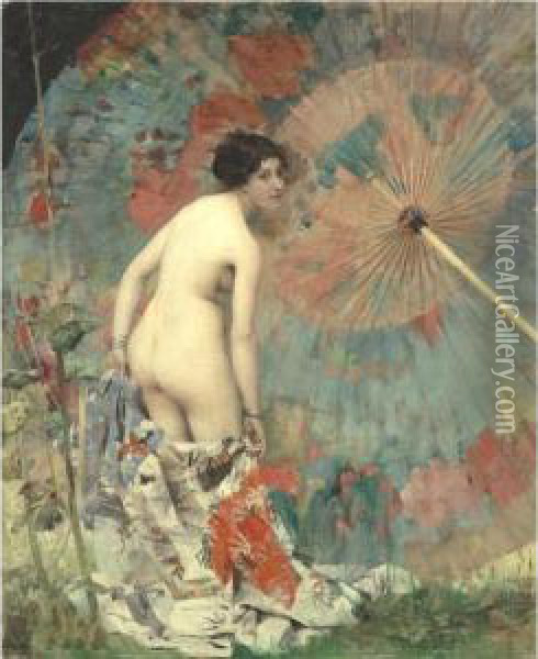 Nude With A Japanese Umbrella Oil Painting - Aime Morot