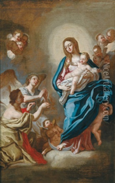 Madonna Mit Kind Auf Der Mondsichel, Von Adorierenden Engeln Umgeben (madonna Con Angeli) Oil Painting - Ludovico Mazzanti