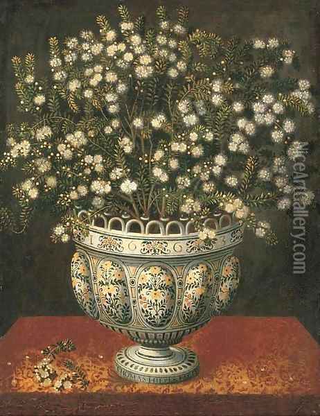 Myrtle in a lobed-footed polychrome maiolica Manises vase on a draped ledge Oil Painting - Tomas Hiepes