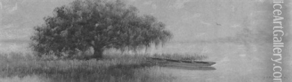Bayou Scape With Live Oak And Pirogue Oil Painting - Alexander John Drysdale