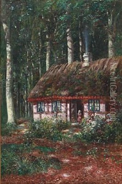 Forest Scene With Two Girls At A Thatched House Oil Painting - Carl Carlsen