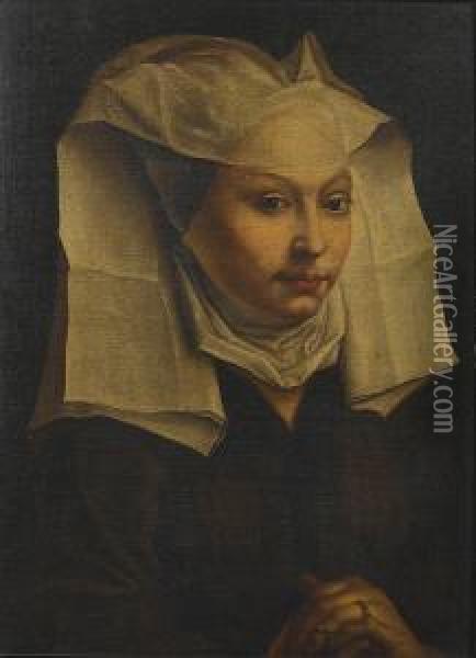 Portrait Of A Lady, Bust-length, In A Brown Dress With A White Headdress Oil Painting - Rogier van der Weyden