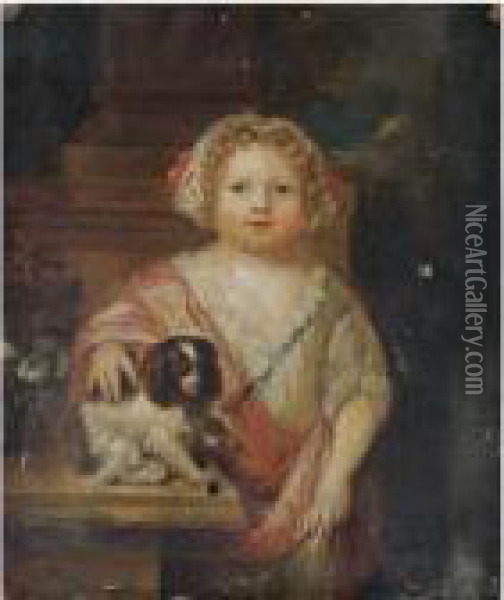 A Portrait Of A Young Girl, Three-quarter Length, With A Spaniel Oil Painting - Antoine Pesne