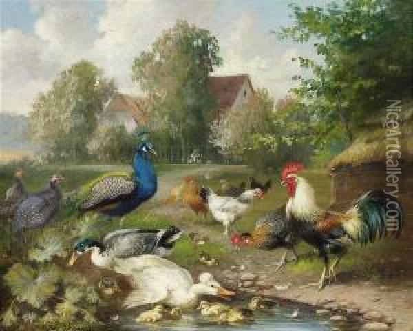 Poultry On A Grassland At A Farmstead Oil Painting - Julius Scheurer