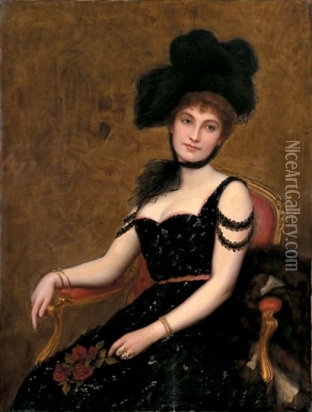 Portrait Of A Girl In A Black Plumed Hat Oil Painting - Frank Markham Skipworth