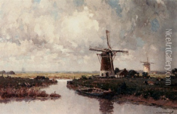 Windmills Near A Canal Oil Painting - Gerard Delfgaauw