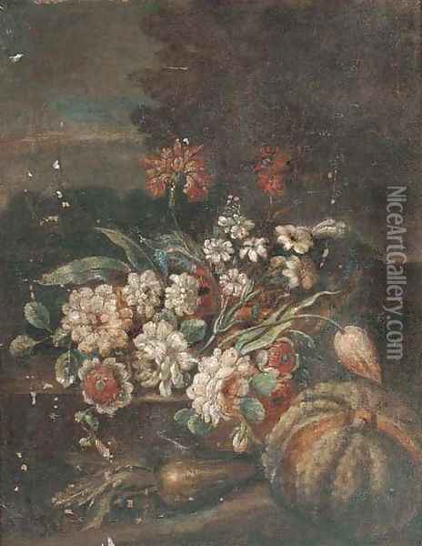 Mixed flowers in a glass of water with a melon Oil Painting - Giovan Battista Ruoppolo