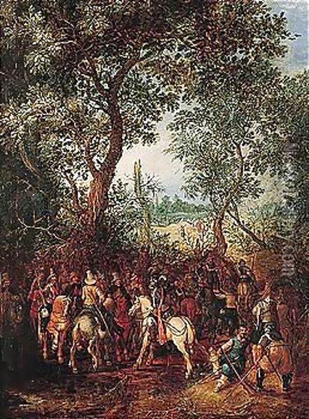 A Cavalry Engagement In A Landscape Oil Painting - Sebastien Vrancx