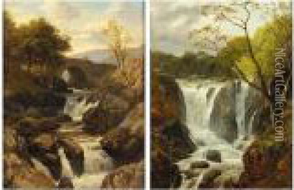 Welsh Waterfall Scenes Oil Painting - Edmund Gill