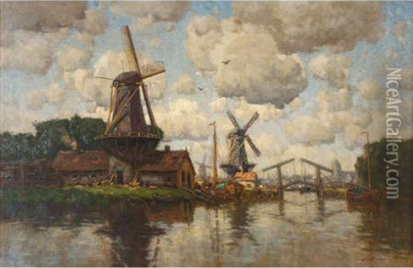Windmills Along A Canal Oil Painting - Hermanus Jr. Koekkoek