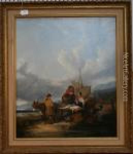 Coastal View With Fisherfolk On A Beach Oil Painting - William Joseph Shayer