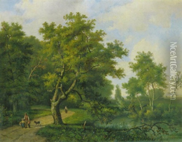 Waldlandschaft Mit Spaziergangern Auf Dem Weg Am Ufer Eines Flusschens Oil Painting - Barend Cornelis Koekkoek