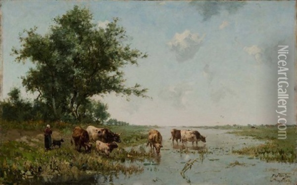Vachere Et Son Troupeau Au Bord De L'eau Oil Painting - Franz Courtens
