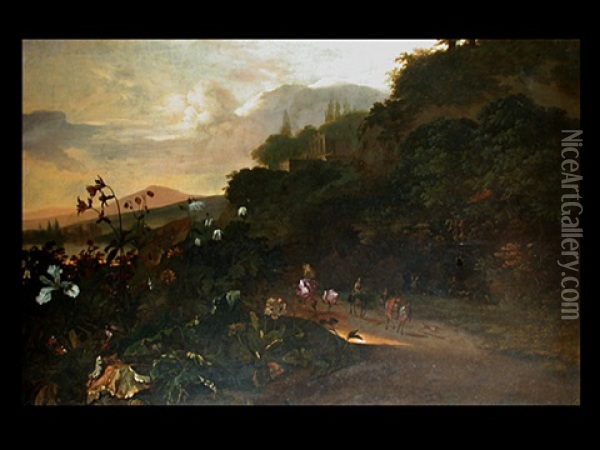 Tiefe Landschaft Mit Reitern Und Pflanzen Mit Schmetterling Oil Painting - Jan Dirksz. Both