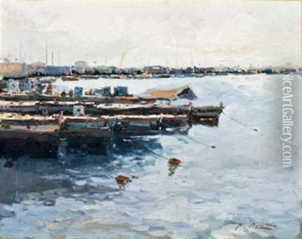 Port Oil Painting - Mariano Oliver y Aznar