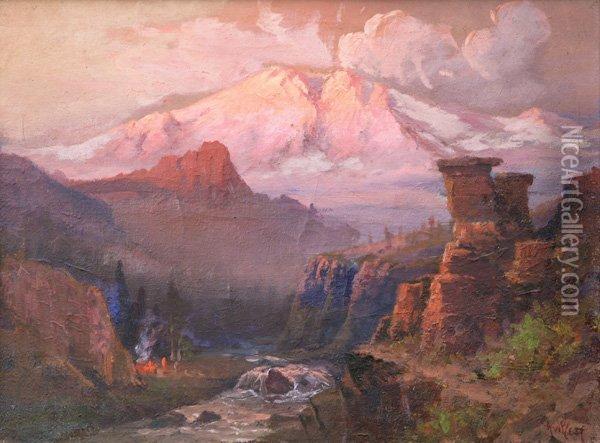 View Of Mount Shasta With Campfire Inforeground Oil Painting - Arthur William Best