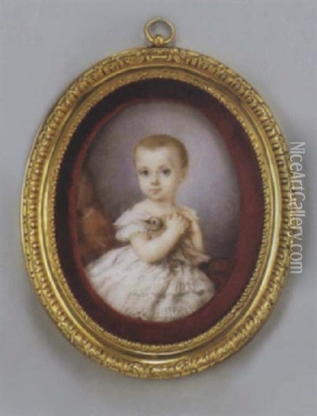 Portrait D'une Petite Fille En Robe De Dentelle Blanche Tenant Une Colombe Oil Painting - Heloise Suzanne Colin Leloir