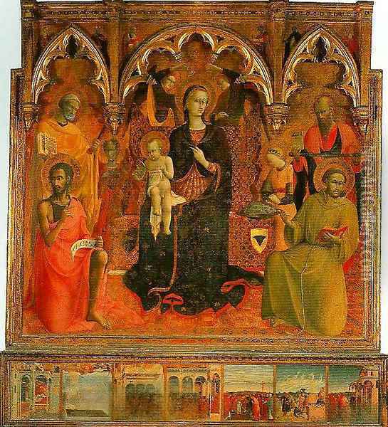 Madonna and Child Enthroned with Four Angels and SS John the Baptist Peter Francis and Paul Oil Painting - Stefano Di Giovanni Sassetta