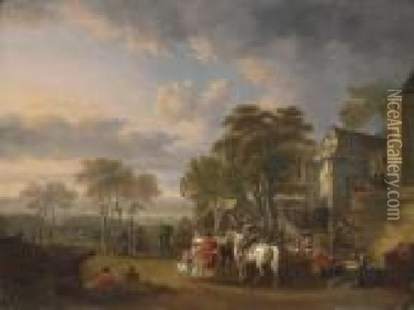 Cavalrymen At Rest By An Inn, A Military Encampment Beyond Oil Painting - Carel van Falens or Valens